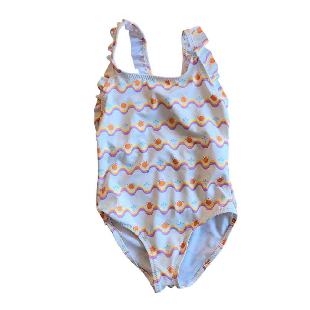 Zara Girls One Piece Swimsuit - Orange and Blue Waves 2/3Y